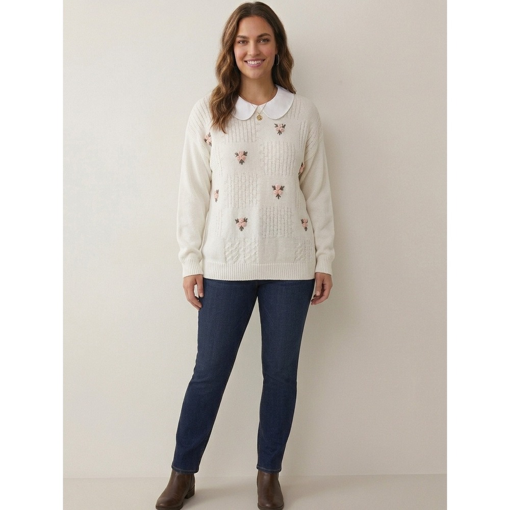 VTG TanJay Cream Floral Hand Embroidered Rosette Knit Sweater Small Cottagecore